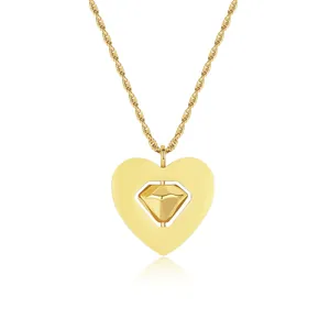 Elegant gold heart necklace featuring a rotatable diamond element on twisted rope chain detail