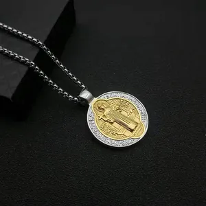 Vintage St. Benedict medal pendant necklace in two-tone stainless steel