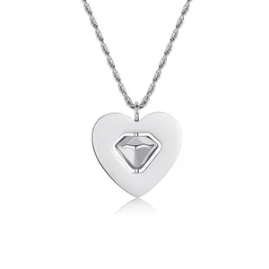 Macro detail of rotating diamond center within heart-shaped silver pendant necklace