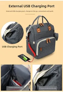 Detail of the integrated USB charging port on this grey large capacity diaper bag
