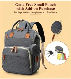 Large gray diaper backpack featuring a matching round storage pouch for accessories.