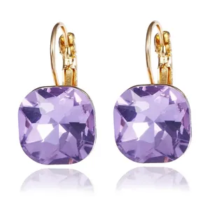 Elegant square cut purple crystal earrings with gold-toned leverback hooks detail.