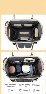 Detailed view of large capacity diaper bag internal compartments and storage layout