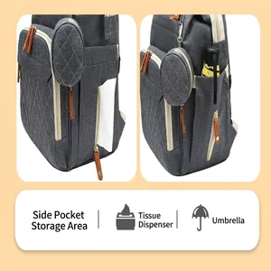 Close-up showing functional side pockets for tissues and umbrella on diaper bag