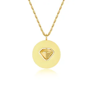 Close-up of rotatable heart-shaped element inside a golden round pendant necklace