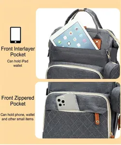 Close-up of front pockets in a grey large capacity diaper backpack for storage