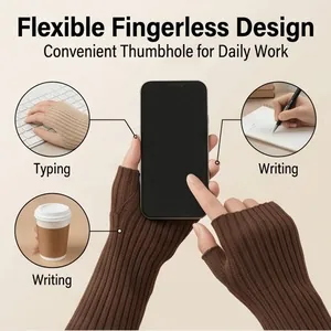 Comfortable brown long knitted fingerless arm warmers with thumbhole for office work