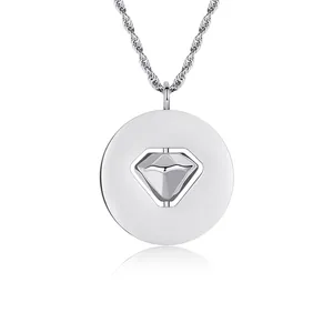 Close-up of rotating circular pendant necklace with silver diamond motif for DIY engraving.