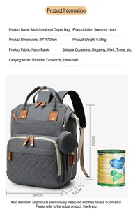 Large capacity grey multifunctional diaper backpack showing dimensions 29x16x39cm