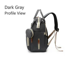 Side profile of a dark gray large capacity diaper backpack with multiple zip pockets