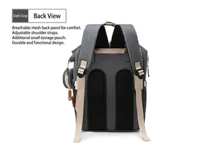 Ergonomic back view of a large capacity dark gray diaper bag with padded straps