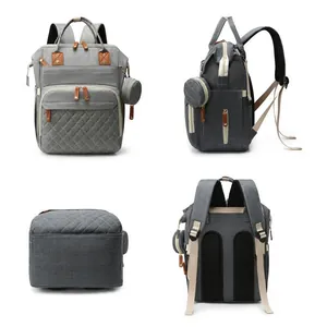 Multi-angle view of a grey large capacity diaper backpack with quilted design