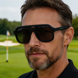 Close-up of a man wearing retro black double-bridge square polarized sunglasses
