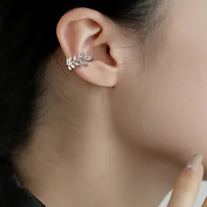 Elegant sparkling silver zircon wheat leaf ear cuff jewelry for non-pierced ears on model