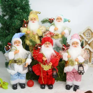 Detailed view of colorful plush Santa Claus dolls for Christmas window display