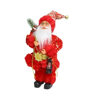 Traditional standing Santa Claus plush doll ornament with red sequined coat and lantern