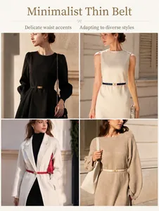 Showcasing a minimalist elastic thin belt in four elegant outfits for style inspiration.