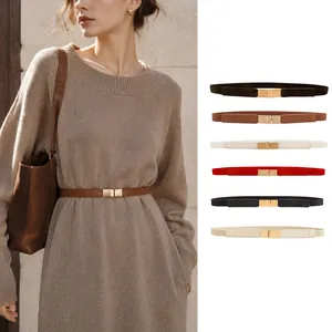 Women's Mori Style Slim Elastic Waist Belt Gold Alloy Buckle Solid Color Stretchy Waistband For Dress Sweater Accessories