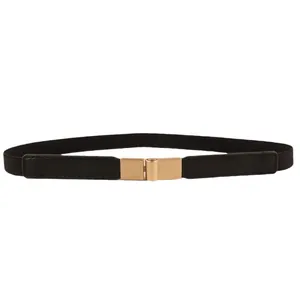 Minimalist black elastic thin waist belt with gold-tone buckle for women's dresses