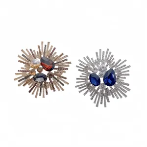 Luxury sunburst floral brooch pins with sparkling rhinestones in gold and silver tones