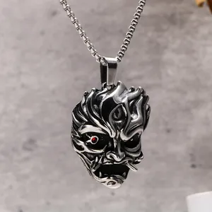 Collier Pendentif Masque de Démon Hannya en Acier Inoxydable Vintage pour Hommes Gothique Punk Strass Bijoux Cadeaux