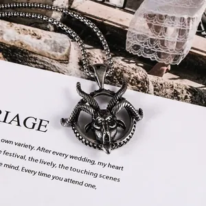 Vintage Stainless Steel Goat Head Pendant Necklace Gothic Baphomet Animal Circle Pendant Necklace For Men Jewelry Gift