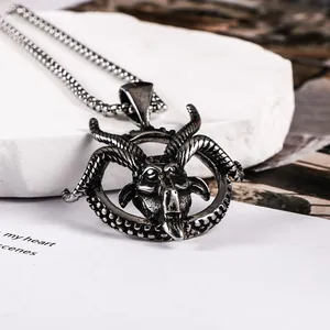 Close-up of vintage stainless steel goat head pendant with circular ring detail