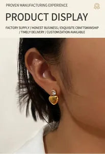 Elegant gold heart stud earrings with sparkling cubic zirconia, stainless steel jewelry