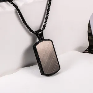 Industrial Men Stainless Steel Rectangle Pendant Necklace Brushed Metal Wood Inlay Dog Tag Necklace For Daily Streetwear