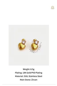 Detail view of 18K gold plated stainless steel heart earrings with zircon stones
