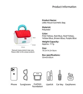 Detailed product specifications and capacity guide for house-shaped cosmetic bag