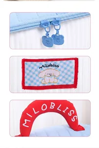 Detail view of bear zipper pulls and soft padded handle for cute travel storage bag