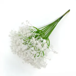 Detailed view of artificial white baby's breath flowers with realistic green stems