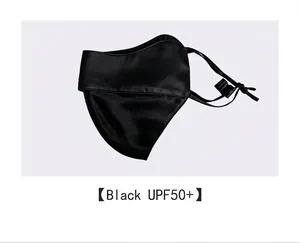 Vue détaillée d'un masque de protection UV en soie naturelle noire avec indice UPF50+
