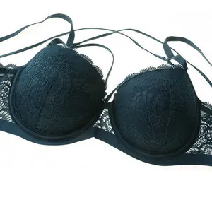 Sexy dark teal floral lace push-up bra with deep V design and adjustable straps