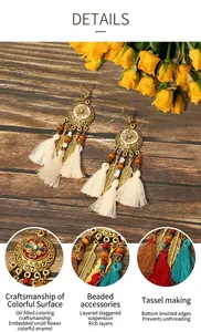 Detailed view of Bohemian ethnic tassel earrings with intricate beadwork and charms