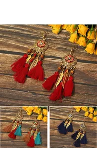 Detailed view of Bohemian long tassel earrings with metal feathers and colorful beads