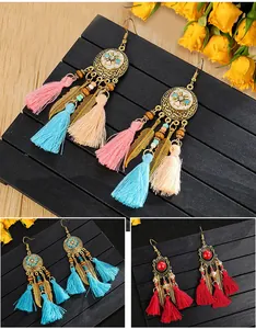 Bohemian long tassel earrings with ethnic feather charms and colorful beads detail