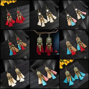Bohemian Ethnic Long Tassel Drop Earrings Alloy Rhinestone Feather With 925 Sterling Silver Earring Post