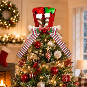Festive Christmas tree topper featuring elf legs and a striped ribbon bow with sequins.