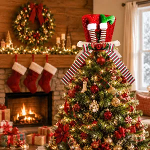 Festive Christmas tree top hat featuring sparkly sequins, elf legs, and striped bow detail.