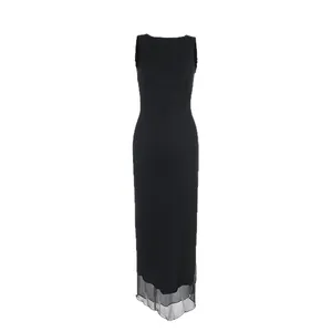 Elegant black sleeveless bodycon maxi dress featuring a sexy sheer mesh hem detail