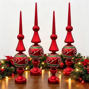 Decorative set of 4 red painted conical Christmas tree toppers with swirl patterns