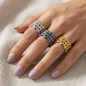 Minimalist Stainless Steel Woven Mesh Open Ring For Women Adjustable Geometric Lattice Finger Ring Waterproof Jewelry