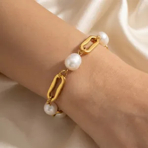 Bracelet En Acier Inoxydable Avec Perle D'eau Douce Plaqué Or 18K Baroque Rétro Bijou Ajustable Pour Femmes