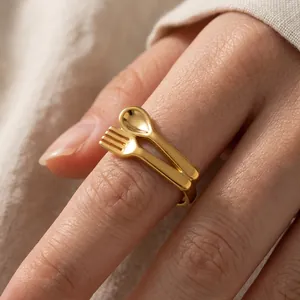 Creative Spoon And Fork Open Ring Stainless Steel Gold Plated Adjustable Tableware Jewelry For Women Novelty Unique