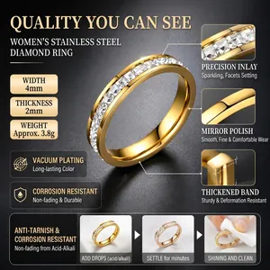 Detailed features of gold stainless steel ring with 4mm width and cubic zirconia stones