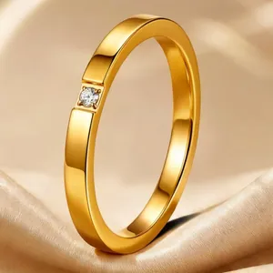 Minimalist Titanium Steel Rhinestone Inlaid Ring For Women Gold Plated Plain Band Fashion Finger Jewelry Waterproof Non-fading Ins Style Jewelry