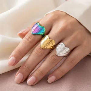 Stainless Steel Hammered Texture Heart Open Ring For Women Waterproof Hypoallergenic Hip Hop Rock Personalized Gold Silver Iridescent Finger Ring