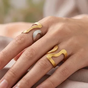 Irregular Wave Line Stainless Steel Open Ring For Women Gold Plated Two Tone Minimalist Adjustable Fashion Finger Jewelry